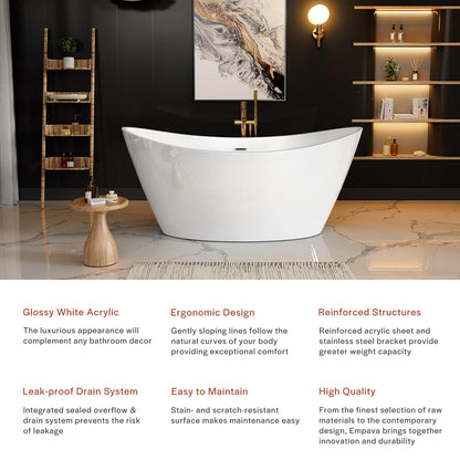 Empava 67" Luxury Freestanding Soaking Bathtub - Modern Oval Spa Tub for Deep Relaxation & Master Bathroom Sanctuary, High-Gloss Acrylic with Brushed Nickel Overflow and Drain, cUPC Certified