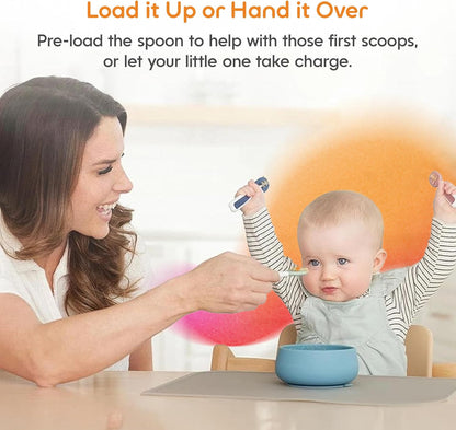 NumNum Baby Spoons Set - Pre-Spoon GOOtensils for 6+ Months | Silicone Self-Feeding Utensils, 2 Pack Red/Orange