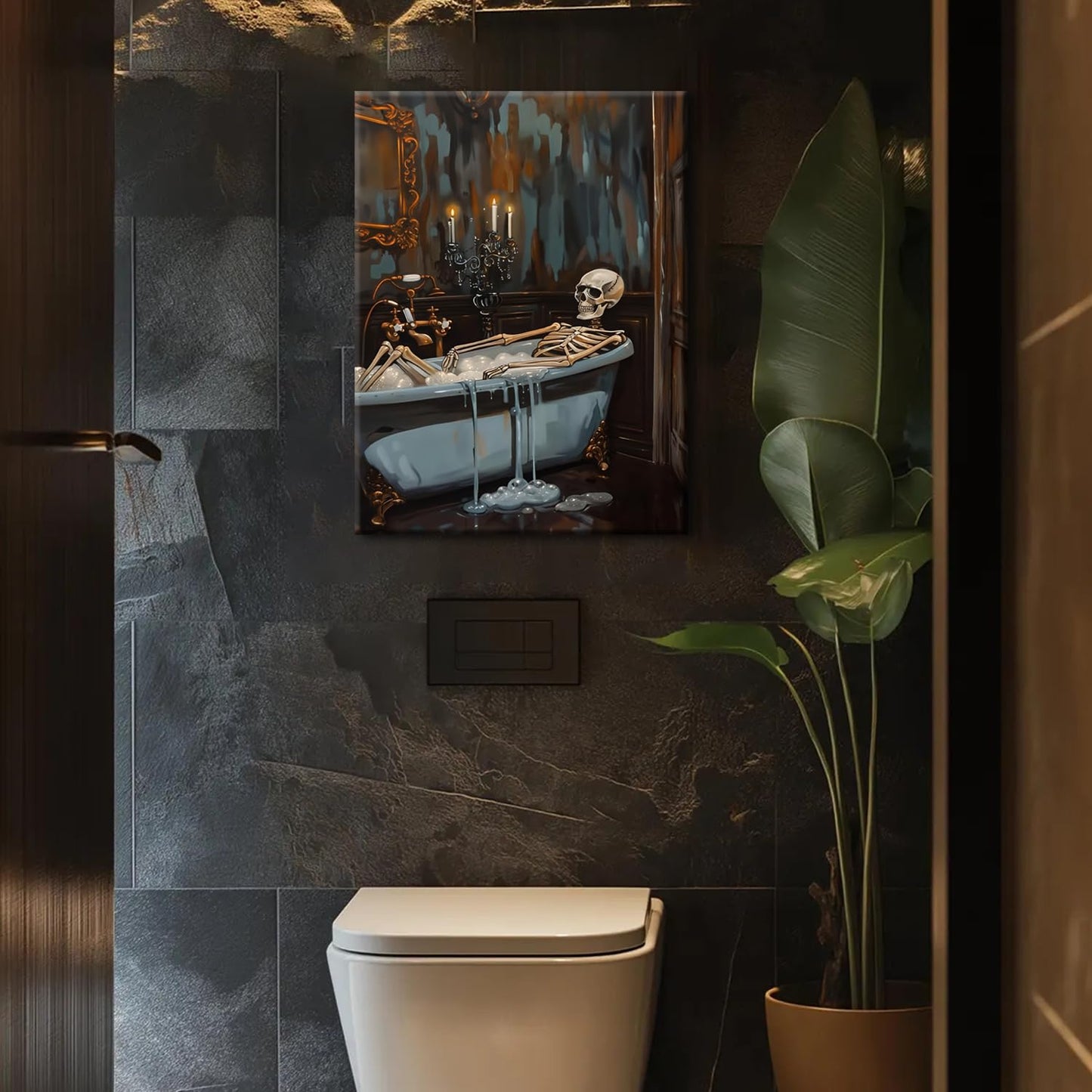 Framed Funny Halloween Skeleton Bathroom Wall Art, Soaking My Bones Pictures Wall Decor, Moody Gothic Dark Academia Paintings Canvas Prints Spooky Home Decor for Living Room Bedroom Dorm 12x16 inch