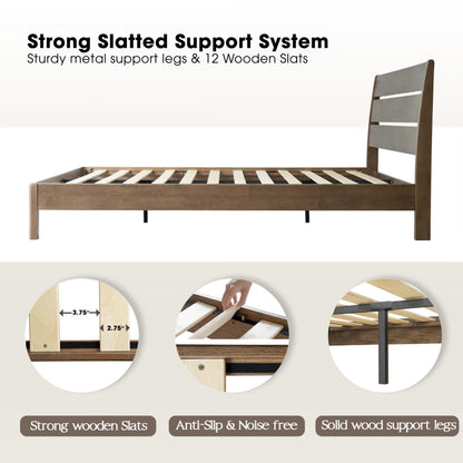 Full Size Solid Wood Platform Bed Frame, Headboard & Footboard, 12 Heavy-Duty Slatted Design, Center Metal Legs, Easy Assembly, No Box Spring Needed, Anti-Noise & Slip-Free, Barnwood Finish QIF-30