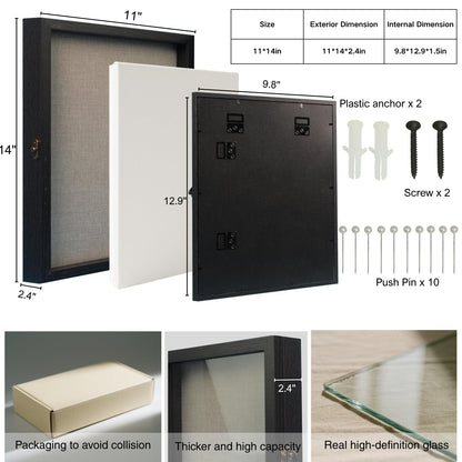 11x14 Black Shadow Box Frame - 1.57" Deep Wooden Display Case for Wedding Memory Box, Flowers and Pictures - Front Opening Glass Door with Lock and Linen Back