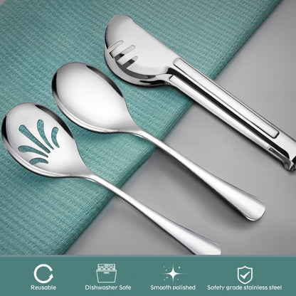 Stainless Steel Metal Serving Utensils - Large Serving sets-10" Spoons, 10" Slotted Spoons and 9" Tongs by Teivio (Silver, Set of 12)