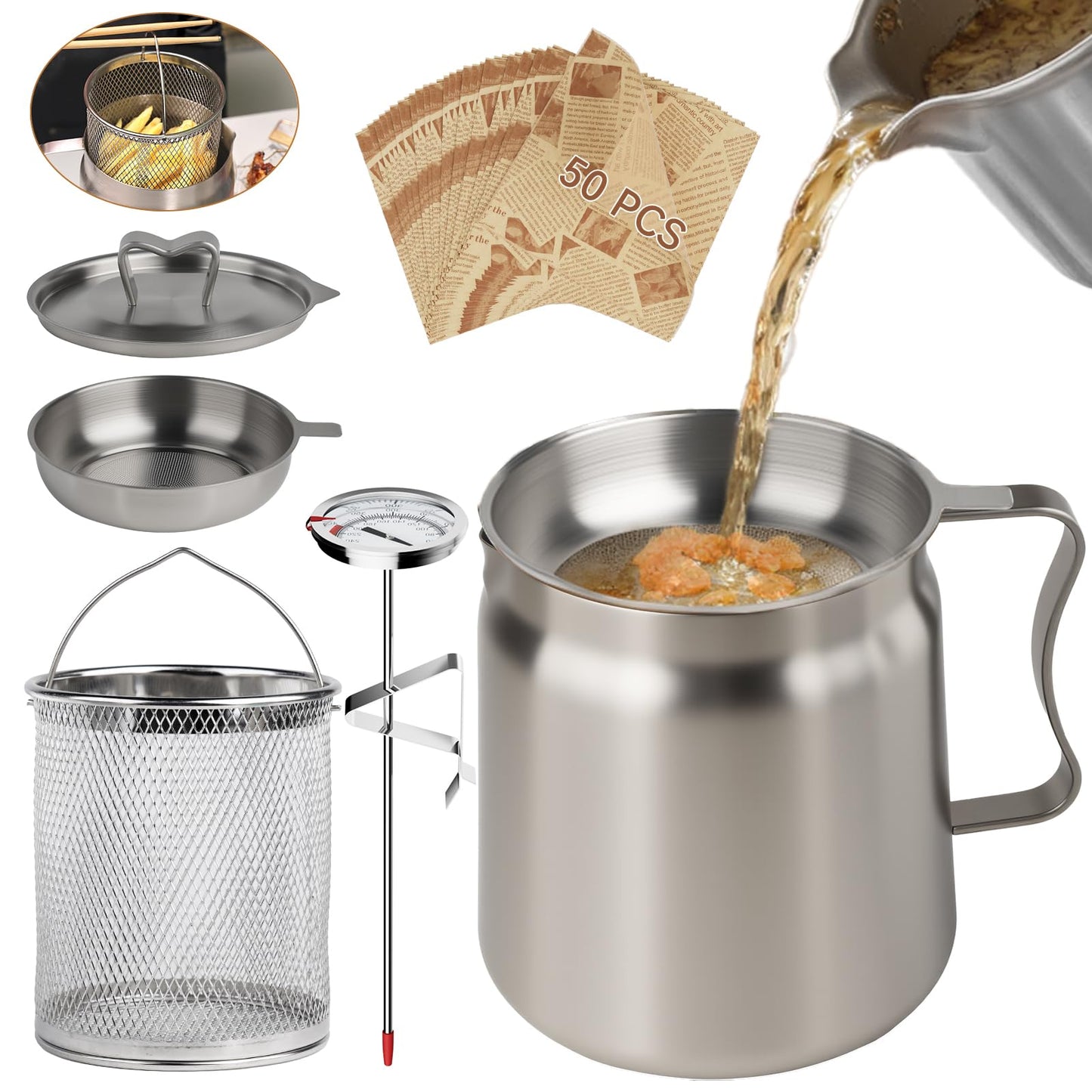 6 PCS 2L Oil Filter Pot Bacon Grease Saver with Strainer,68oz Large Capacity Fryer Pot with Basket,Cooking Thermometer & 50 Wax Papers,Stainless Steel Fryer for Kitchen Camping