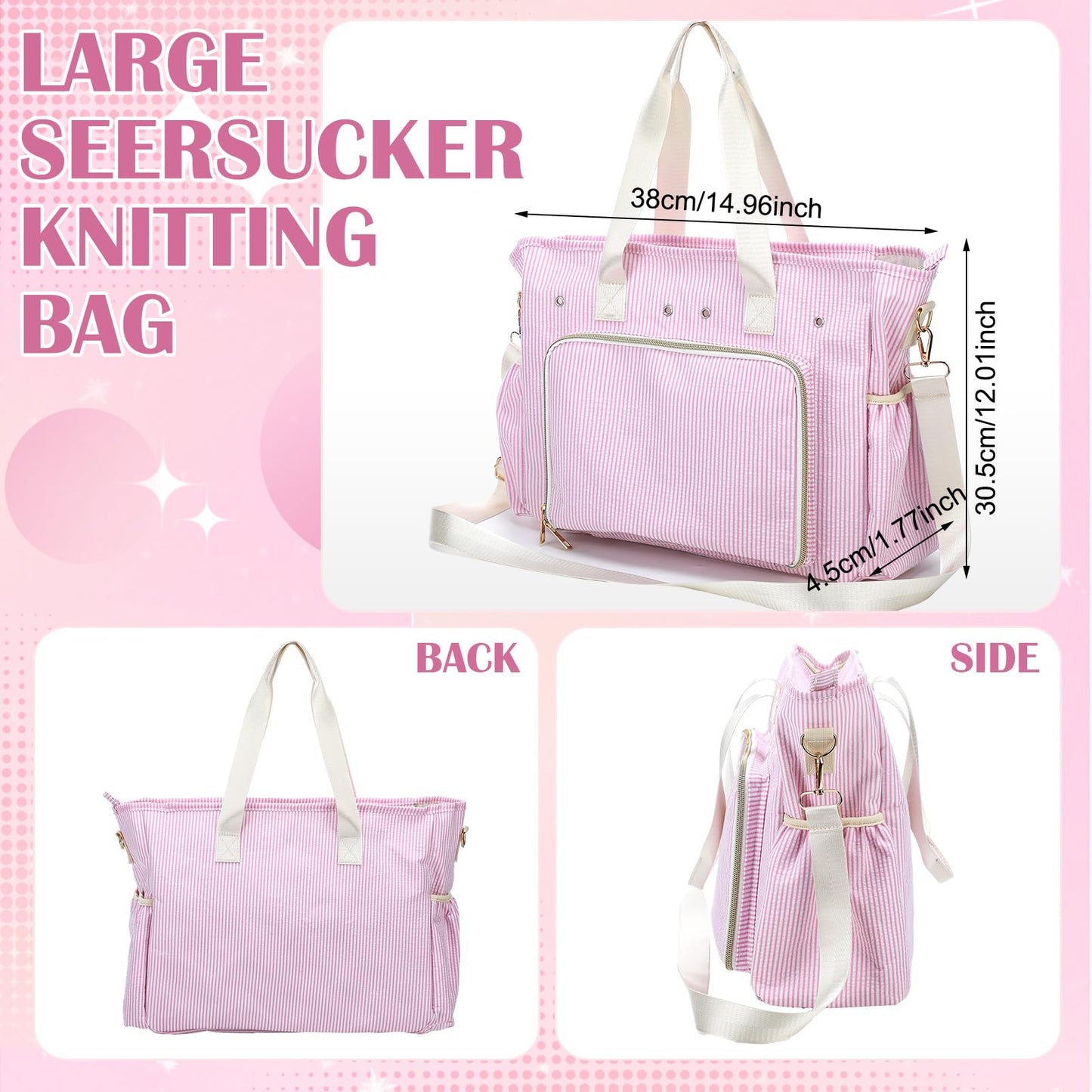 Klyyo Clyro Large Crochet Tote Bag Seersucker Knitting Bag Yarn Storage Tote 15 x 12 Inch Cotton Pink Stripe Crochet Hooks Knitting Accessories Organizer Holder with Zipper for Women DIY Lovers Gift