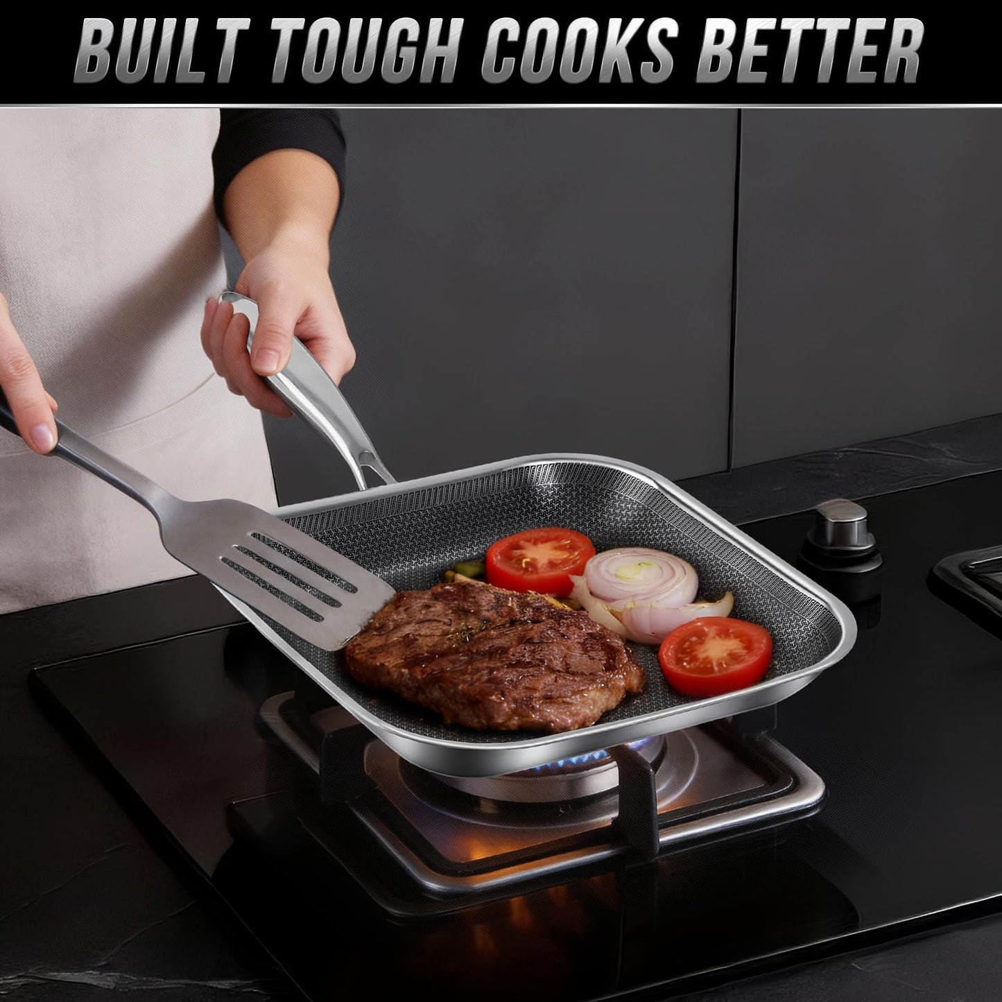 Toutrop Non Stick Stainless Steel Skillet,12 Inch Square Frying Pan, Nonstick Grill Pan for All Stoves, Oven Dishwasher Safe, PFOA Free