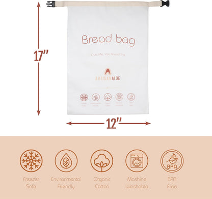12x17 Reusable Bread Bag for Homemade Sourdough - in Organic Cotton + Food-Safe Lining Roll-Top Buckle Closure, Freezer