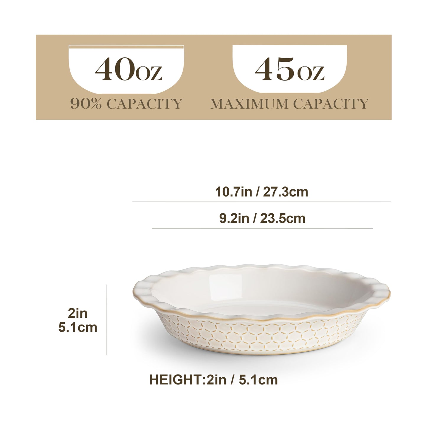 MALACASA Pie Dish for Baking, Stoneware Pie Pan 9 Inch, Embossed Deep Dish Pie Pans, 45 OZ Round Baking Dish Pie Pan, Fluted Dish Pie Plate for Apple Pie, Quiche and Tart, Set of 1, Series LYDIA