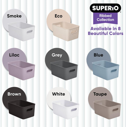 Superio Ribbed Collection - Medium Taupe Decorative Plastic Open Home Storage Bins Organizer Baskets (2 Pack) for