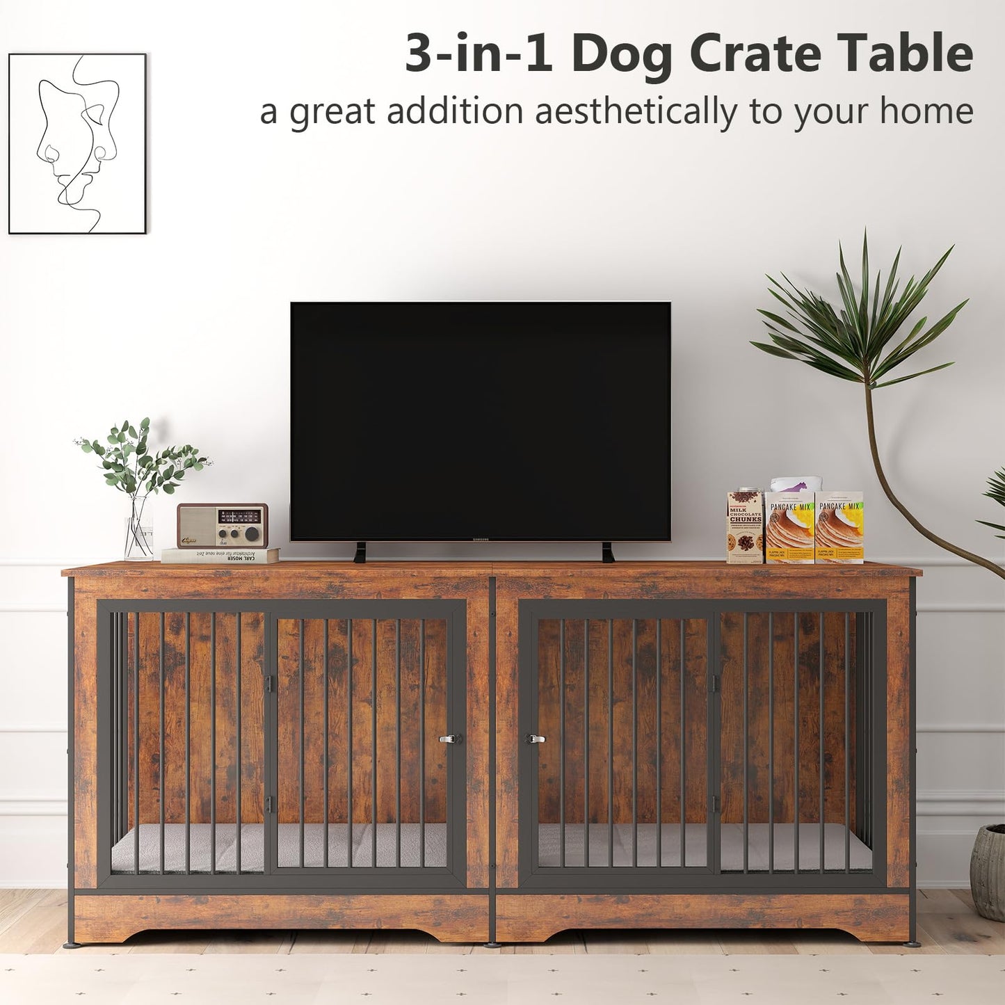 Rovibek 75" Dog Crate Furniture for 2 Dogs, Wooden Extra Large Double Dog Cage Furniture, Decorative Dog Kennels with Double Doors, Indoor Dog Crate TV Stand for Large Dogs, Brown