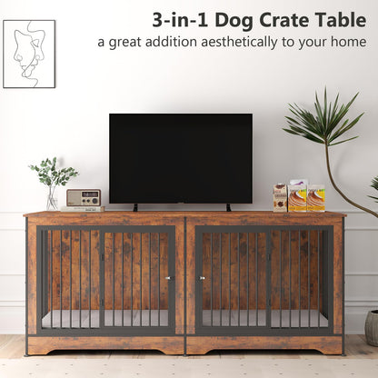 Rovibek 75" Dog Crate Furniture for 2 Dogs, Wooden Extra Large Double Dog Cage Furniture, Decorative Dog Kennels with Double Doors, Indoor Dog Crate TV Stand for Large Dogs, Brown