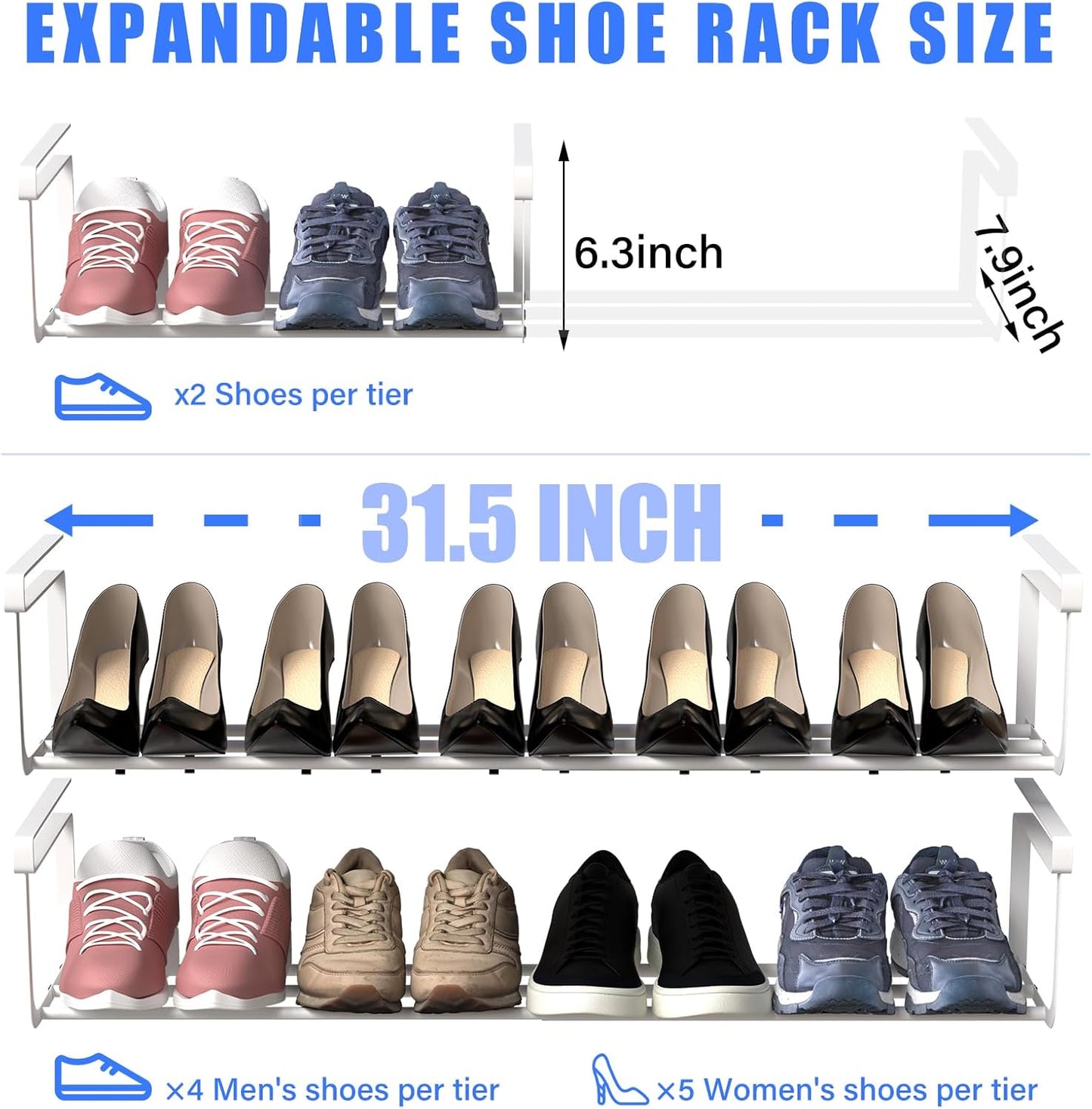 2 Closet 16.5-31.5 Inch CroBlissful Pcs Expandable Shoe Rack Organizer for Adjustable Retractable Hanging Cabinet Shoe