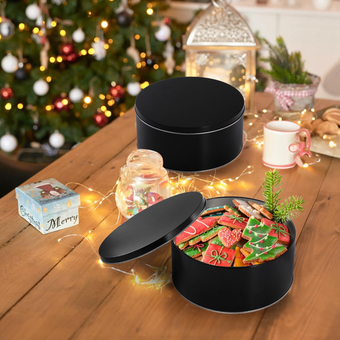 Yopay 3 Pack Cookie Tin with Lid, Round Gift Tin, Black Baking Cake Container for Storing Patisseries, Snack, Chocolate, Easter, Special Occasion, Holidays, 7" Wide by 3.2" Tall