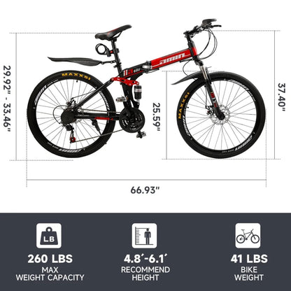 Bruce & Shark 26" Folding Mountain Bike for Men, 21 Speeds Full Suspension Commuter Bicycle, High Carbon Steel & Disc Brakes, Portable City Outdoor Bike for Adult Youth Teen
