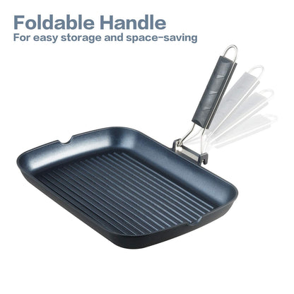 S·KITCHN Grill Pan with Folding Handle, Nonstick Grilling Pan for Stove Tops, Induction Compatible Rectangle KBBQ Pan with Pour Spouts - 13 × 9IN