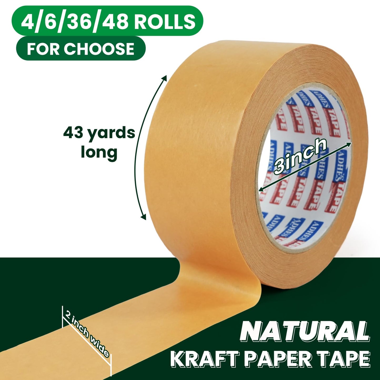 ADHES Kraft Paper Tape, 2 Inch x 44 Yards, 4 Rolls Writable & Uncoated Heavy Duty Paper Tape, Biodegradable Brown Packing Tape for Sealing, Packaging & Moving