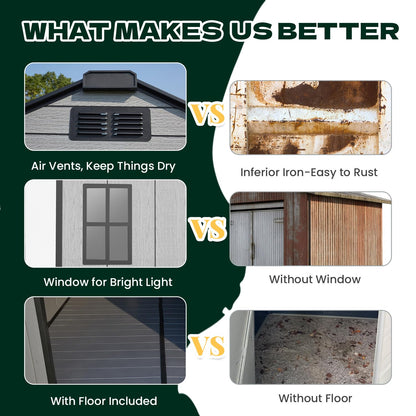 DNYKER 8 x 12 FT Resin Outdoor Storage Shed, All-Weather Plastic Garden Shed with Floor, Lockable Doors & Windows, Plastic Tool Shed for Poolside, Backyard, Patio