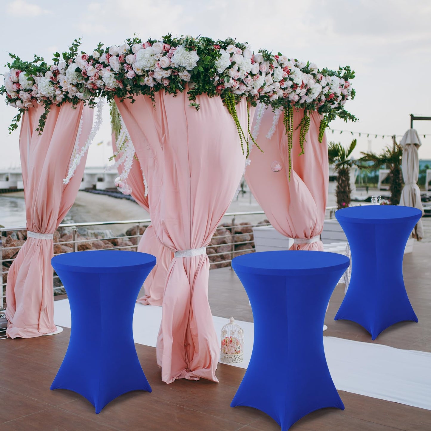 Wenqik 2 Sets 32" High Top Round Folding Cocktail Tables White Bar Height with Removable Legs & 32"x43" Spandex Stretch Table Covers (Royal Blue)