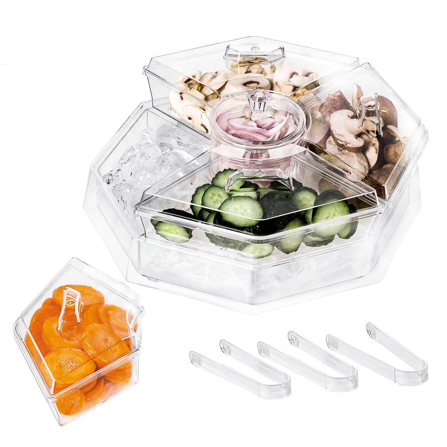 IVYHOME Ice Serving Lazy Susan, Chilled Food Containers with 4 Removable Dishes and Smooth Rotating Tray, Condiment Server with Separate Lids, for Bar Accessories, Fruit, Salad, Taco, Party Garnish