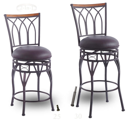 MIITODAY Farmhouse Swivel Bar Stools with Backs Set of 2, Adjustable 25"/30" Industrial Counter & Bar Chairs with Brown PU Leather, Antique Brass Metal, Vintage Rustic Wood for Kitchen, Pub, Bistro