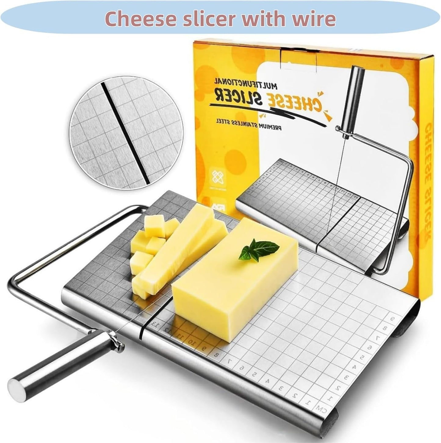 Direvcdro Stainless Steel Cheese Slicer with 5 Replacement Wires Adjustable Cheese Cutter and Cutting Board - For Block Cheese with Precision Scale for Gadget，Charcuterie etc