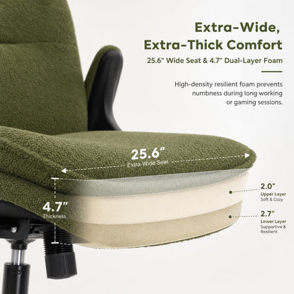 IWMH Cross Legged Office Chair with Flip-up Armrests for ADHD, Extra Wide Seat Criss Cross Desk Chair with Stretchable Footrest & Wheels for Adults, Ergonomic Meditation Chair for Home Office (Green)