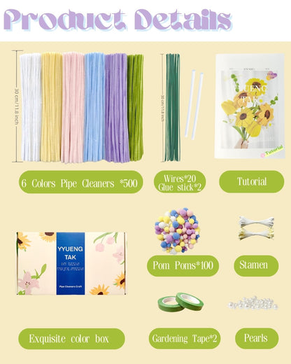 YYUENGTAK 500 Pcs Pipe Cleaner Flower kit with tutoria,Pipe Cleaners Craft(6 Colors)，Chenille Stems Flowers Craft kit with 20 pcs Green Floral Wires,Gardening Tape,Stamen(2 Colors),Pearl Beads,pompoms
