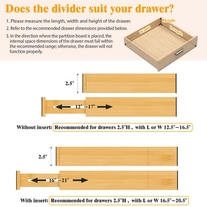 Ryqtop Bamboo Drawer Dividers,12-21" Adjustable Drawer Organizers for Clothes,Expandable Dresser Separators in Kitchen/Bedroom/Bathroom/Vanity/Office Organization and Storage,4-Pack