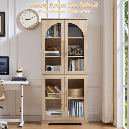 Joaxswe 72" Tall Bookshelf Set of 2, Farmhouse Bookcase with 3-Tier Adjustable Shelves, Modern Living Room Display Cabinet with Glass Doors, Large Storage Cabinet for Home Office,Dining Room, Natural