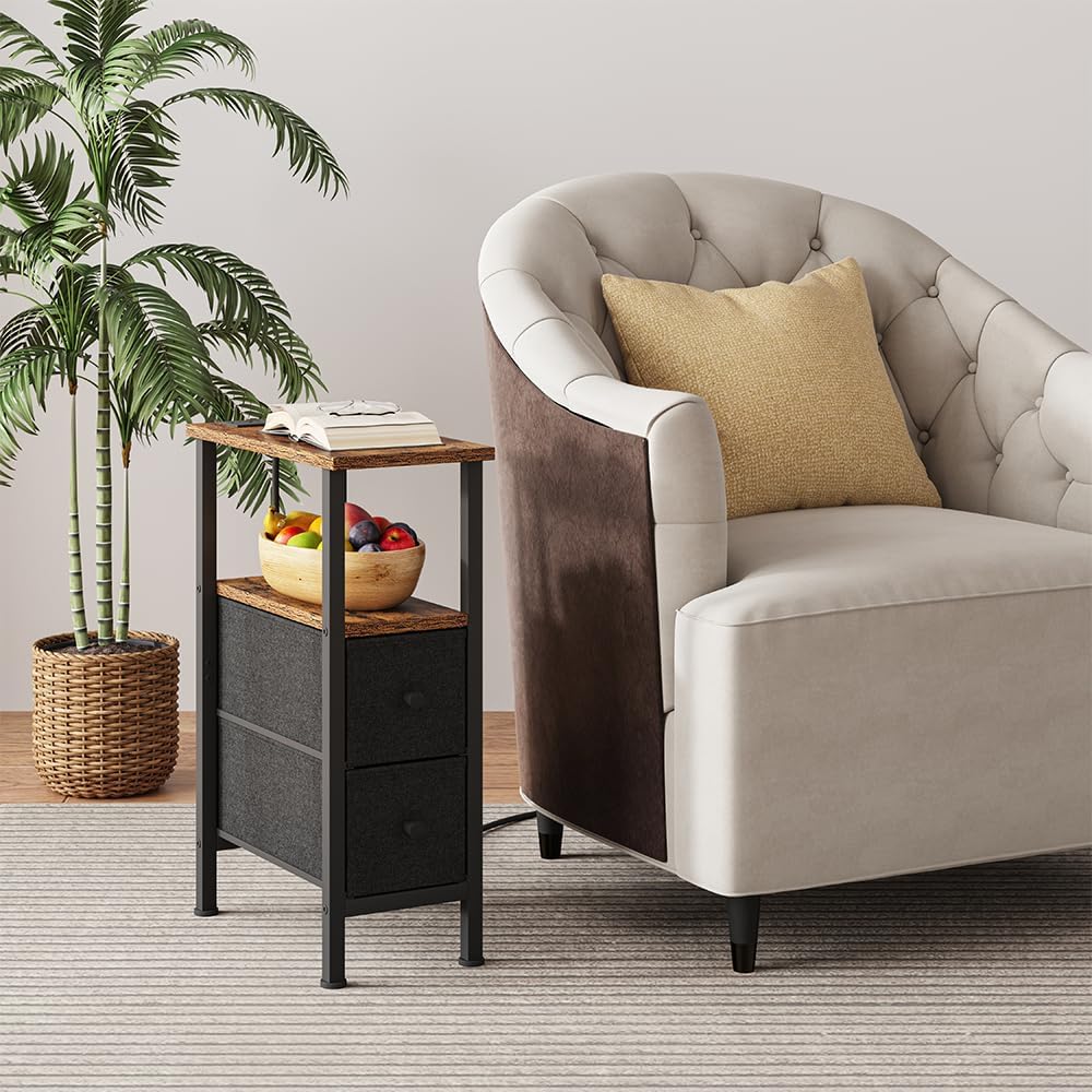 2 1 UTBT005FV2 Narrow Side Table for Small Spaces, Skinny End Table with Charging Station, Sofa Beside Table