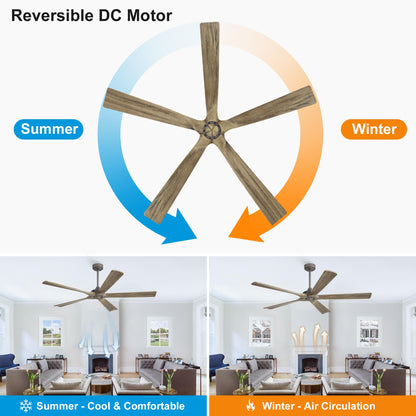 WINGBO 60 Inch Ceiling Fan without Light - 5 Carved Solid Wood Blades, 6-Speed Reversible DC Motor, Noiseless Remote Control Ceiling Fan No Light for Bedroom Living Room Kitchen, Charcoal and Gray