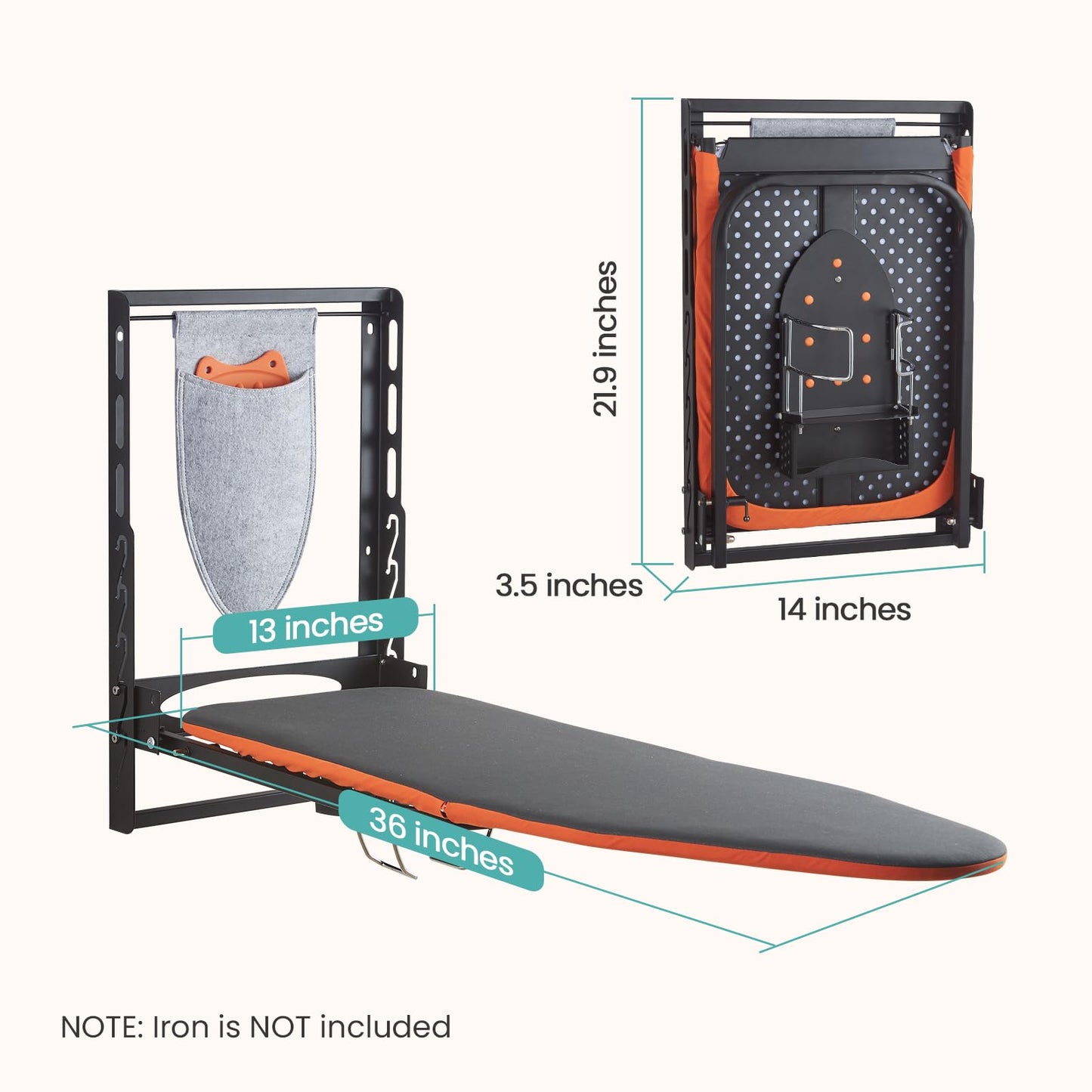 Seiritex Wall Mounted Ironing Board with Iron Holder, 36x13 Compact Mount Foldable Ironing Board for Small Spaces, Space Saving with Cotton Fabric Cover and Silicone Iron Rest