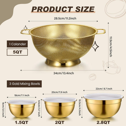 Baderke 7 Pcs Gold Kitchen Accessories Includes Stainless Steel Colander with Handles, 3 Gold Mixing Bowls with Airtight Lids and 3 Fine Mesh Strainer(Colander: 5 Qt, Mixing Bowls: 1.5/2/3 Qt)