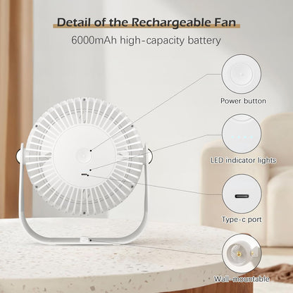 CIVPOWER Desk Fan, Rechargeable Air Circulator with 6000mAh Battery, 4 Speeds, 270° Adjustable Quiet Fan for