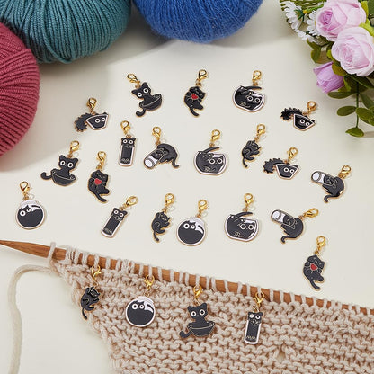 Hobbspring 24Pcs Stitch Markers for Crocheting and Knitting 8 Styles Black Cat Alloy Lobster Clasps Enamel Locking Charms Durable Craft for Knitting Earring Jewelry Making Accessories