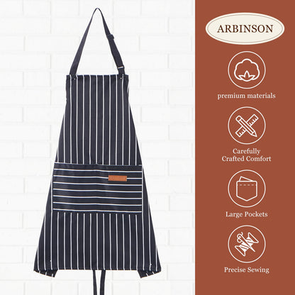 ARBINSON 2 Pack Cooking Aprons Adjustable Bib Apron for Women with 2 Pockets, Kitchen Restaurant Men Chefs Aprons (Black/Wine Stripes)