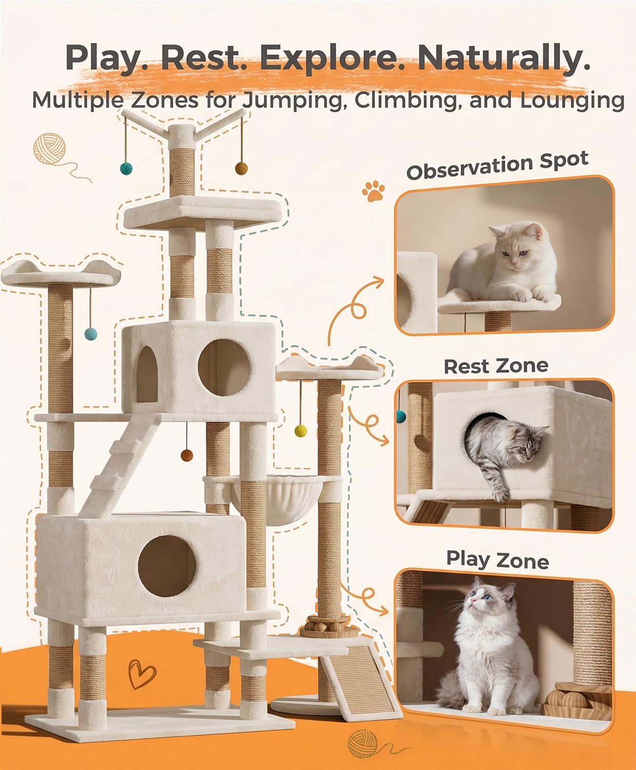 Catlike【Rock-Solid Real Wood】 76“ Tall Cat Tree for Large Cats, No Wobble Even at the Top, Extra-Large Condos for Maine Coons & Big Cats, Indoor Cat Tower with Scratching Posts, Perches & Hammmock