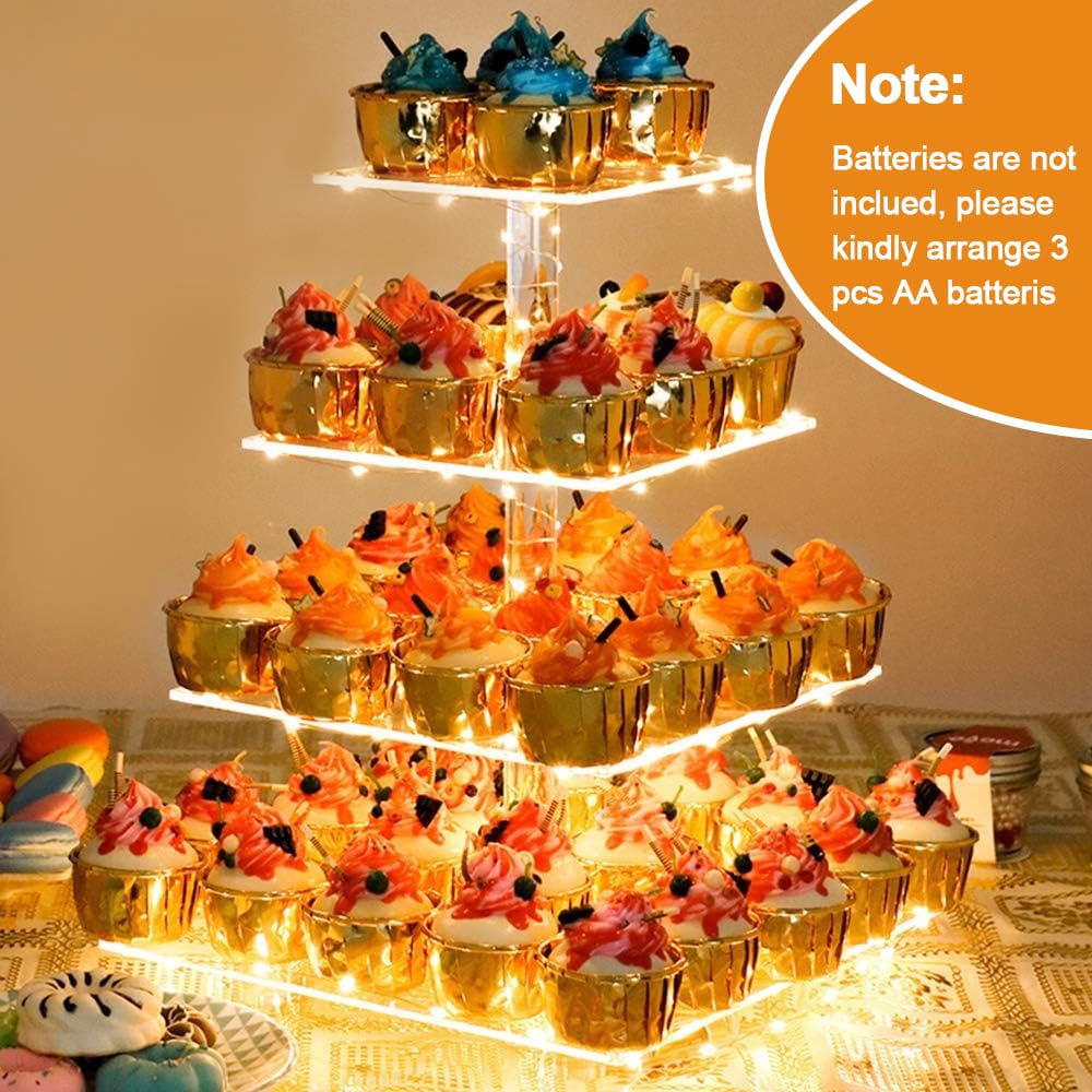 YestBuy 4 Tier Cupcake Stand Acrylic Tower Display with LED Light Premium Holder Dessert Tree Tower for Birthday Candy Bar Décor Weddings, Parties Events (Yellow Light)
