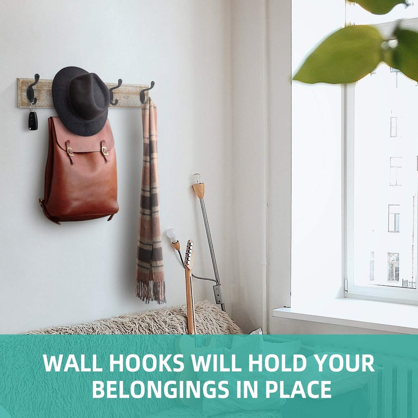 Coat Rack Wall Mounted, Entryway Coat Rack with 4 Rustic Hooks, 17” Vintage Pinewood Hanger for Keys