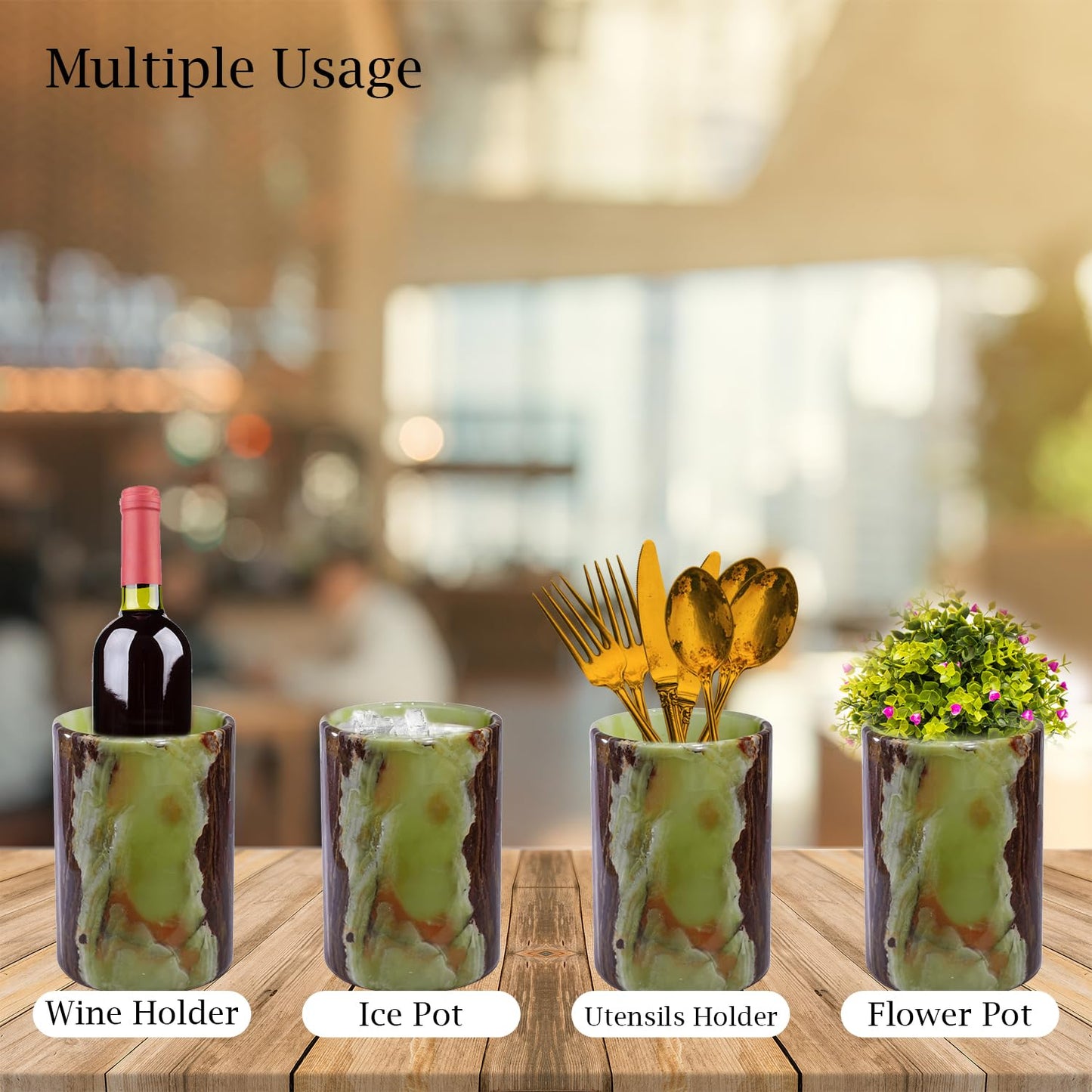TheWolfard Champagne & Wine Cooler Bucket with Polished Interior – Non-Slip Scratch-Proof Pad, Marble Utensil Holder for Kitchen, Bar & Housewarming Gifts (Multi Green)
