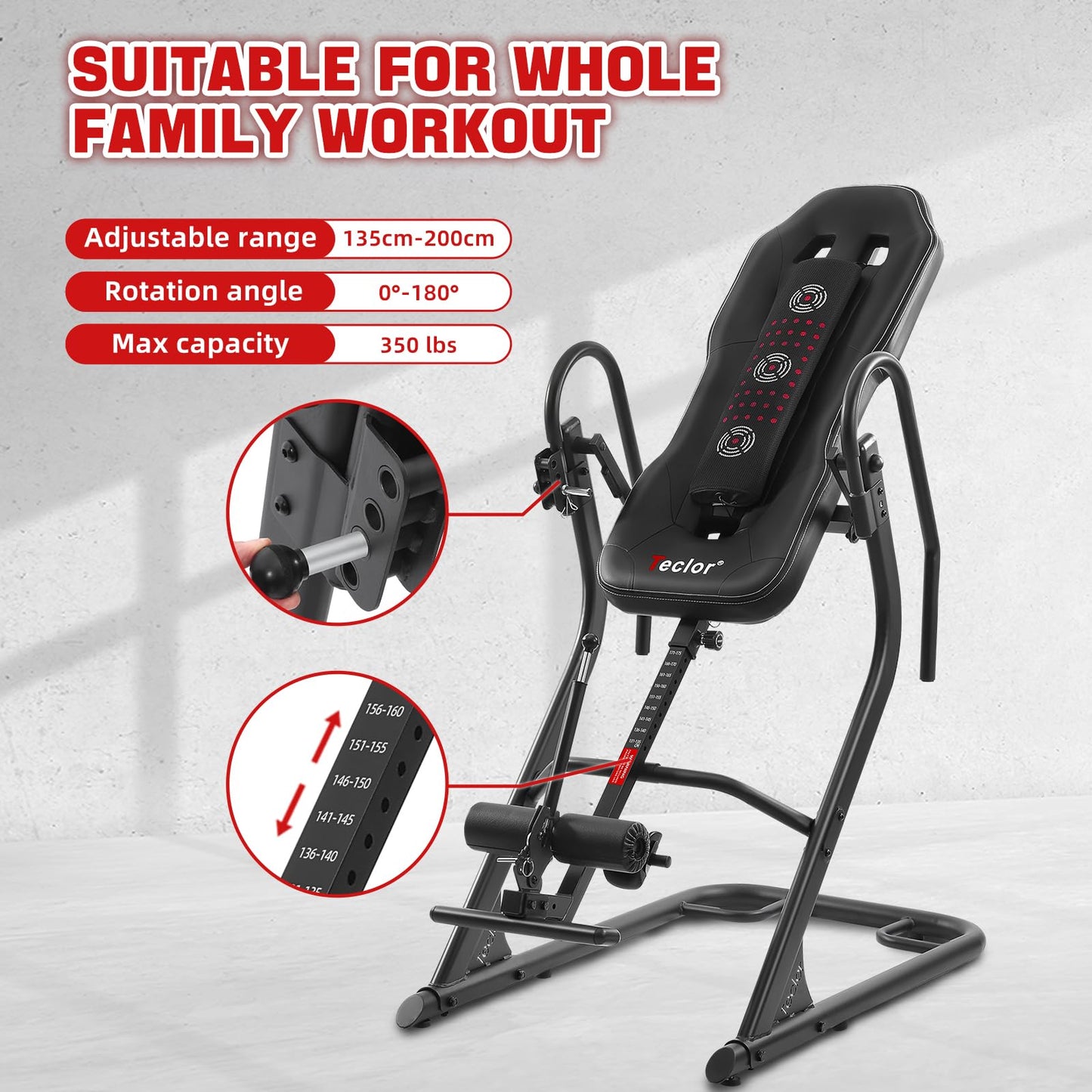 Teclor Inversion Table,Advanced Heat and Massage Function,Strength Training Inversion Table for Back Pain Relief,350 lbs Capacity with Thickened 3D Memory Foam backrest,Black