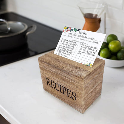 Recipe Box with 50 Recipe Cards 4x6, Rustic Wood Organizer Set for Housewarming and Weddings