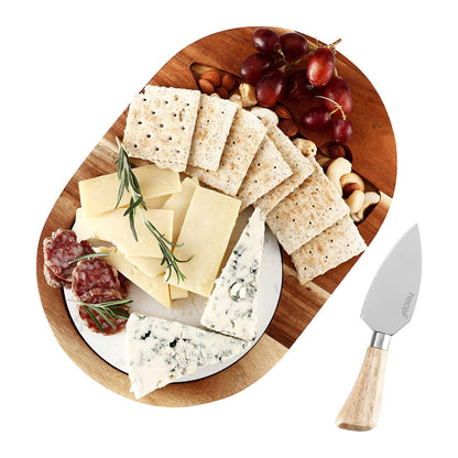 hecef Oval Wooden Cheese Board Set, Acacia Wood Cheese Serving Board with White Marble & Cheese Knife, Cheese Serving Tray for Cheese, Cake, Appetizers
