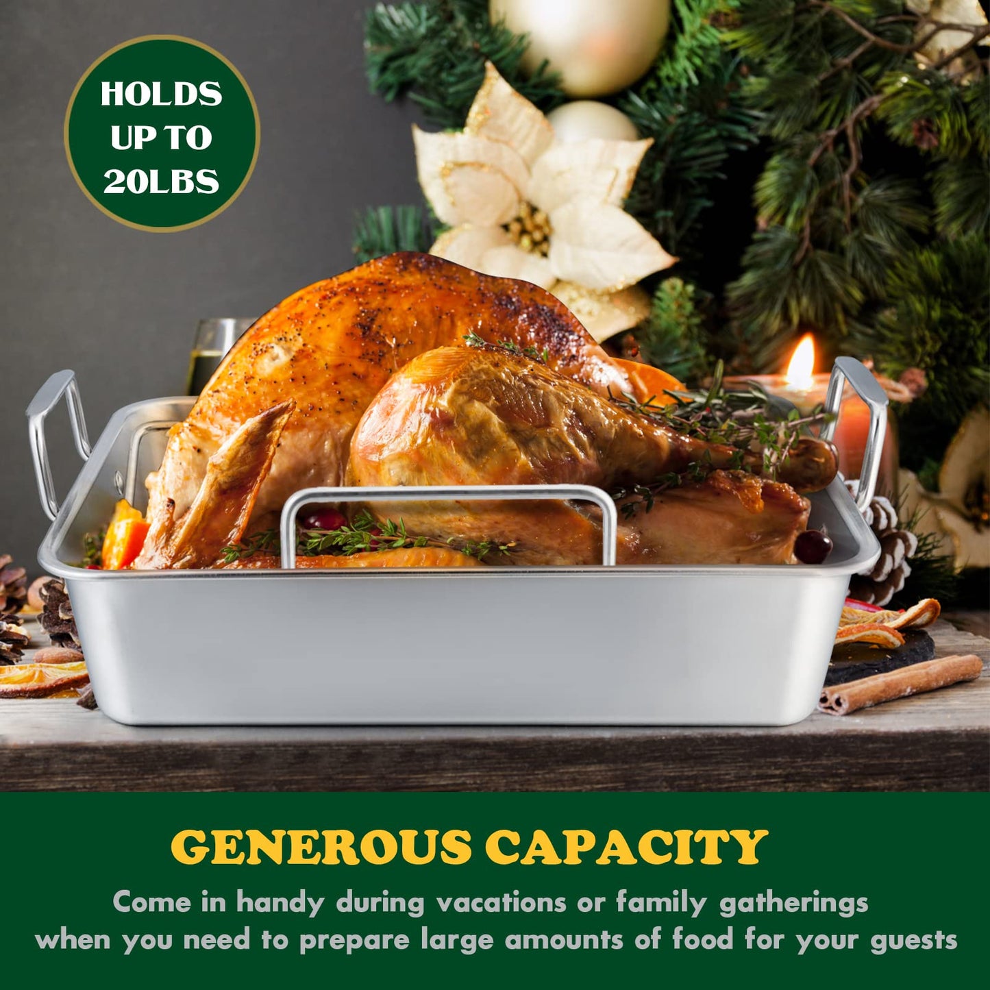 E-far Roasting Pan, 16 x 11.5 Inch Stainless Steel Turkey Roaster with V-shaped & Flat Rack, Non-toxic & Heavy Duty Deep Broiling Pan, Dishwasher Safe - Large