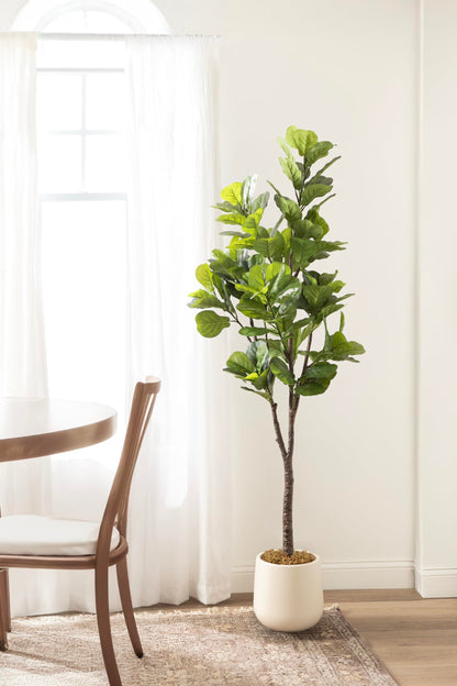 Kate and Laurel Fidmont Faux Fiddle Fig Tree with Jia Curved Planter Pot, 6 FT, Cream, Potted Artificial Tree Indoor with Realistic Foliage and Added Moss, Fake Plant for Living Room Decor