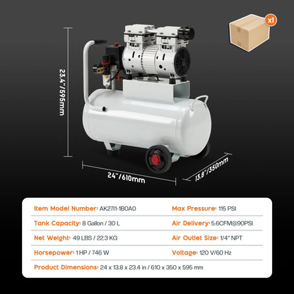 Albott 8 Gallon Air Compressor with Automatic Drain Valve, 1.0 HP Oil-Free Air Compressor Tank with Wheels, 70 dB Noise Level, Fit for Auto Repair, Tire Inflation, Spray Painting