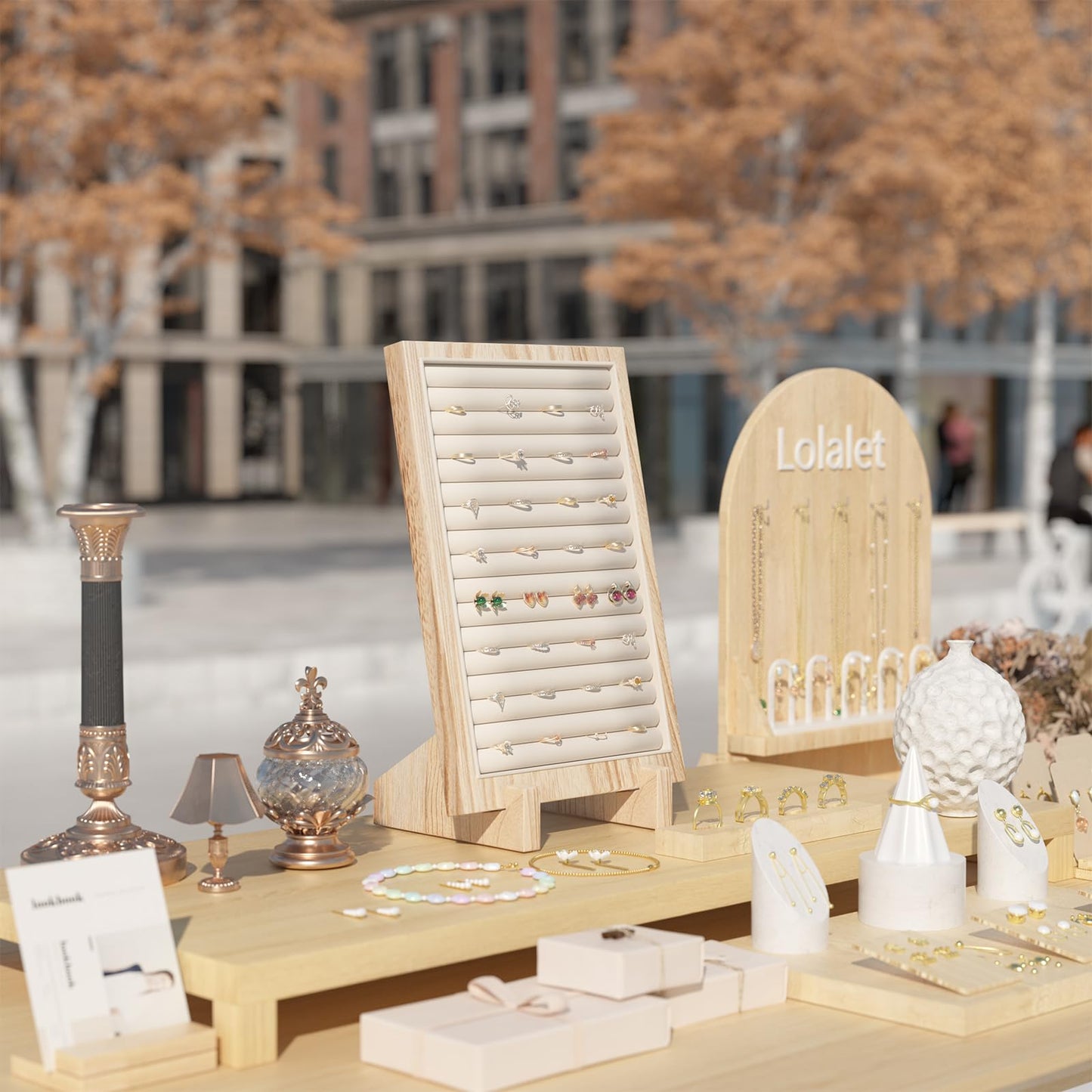 Lolalet Wooden Jewelry Display Series, Necklace Bracelets Earrings Rings Jewelries Stand Freestanding Natural Wood Holder Rack for Selling Vendor Store -1 Pack, Ring