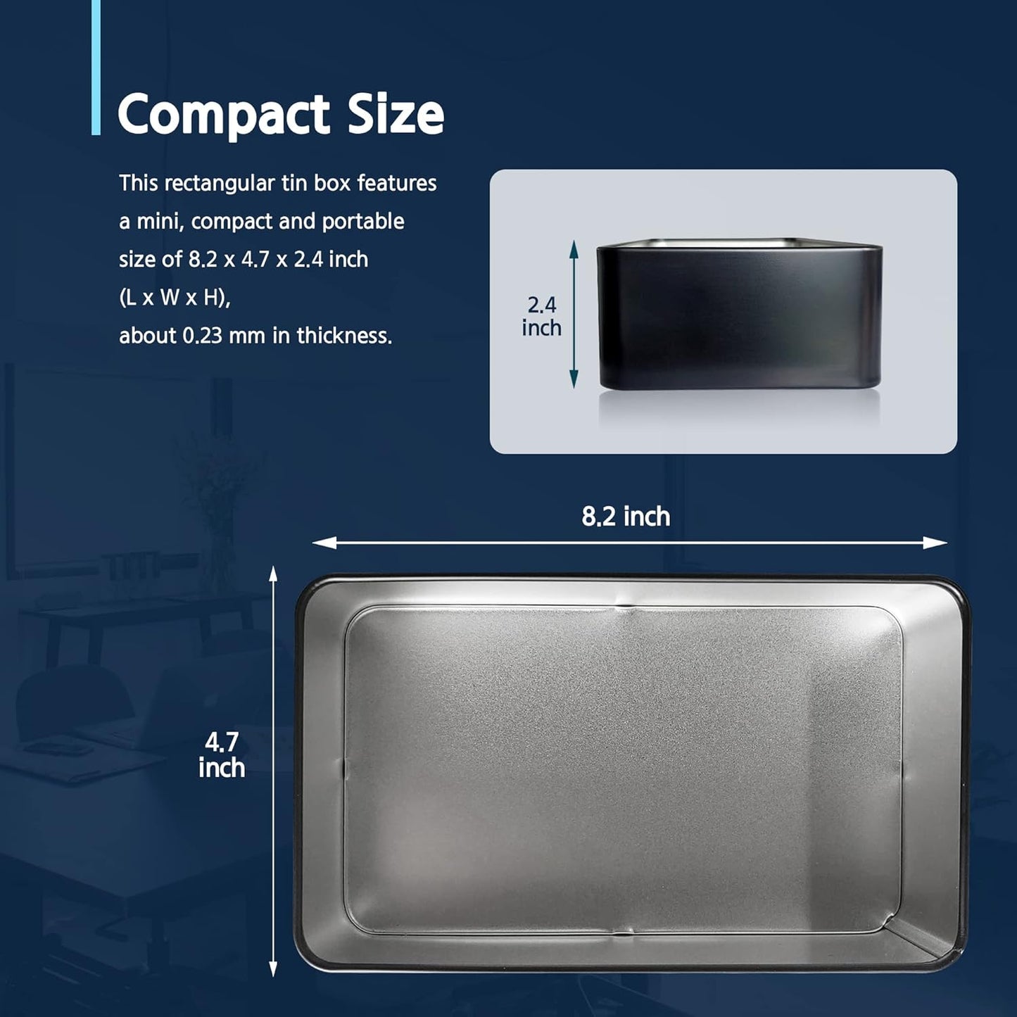Black Metal Tin Box Lids - Large Containers for Keeping Car Keys, Cookies, Pencil Case, 8.2 x 4.7 x 2.4 inch