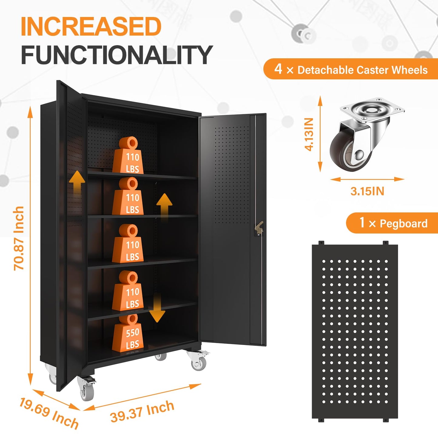 ANTISTA Large Metal Cabinet Two Lockable Doors Four Wheels,Four Adjustable dividers can be Used as Tool File Storage Suitable for garages Schools Gyms Offices