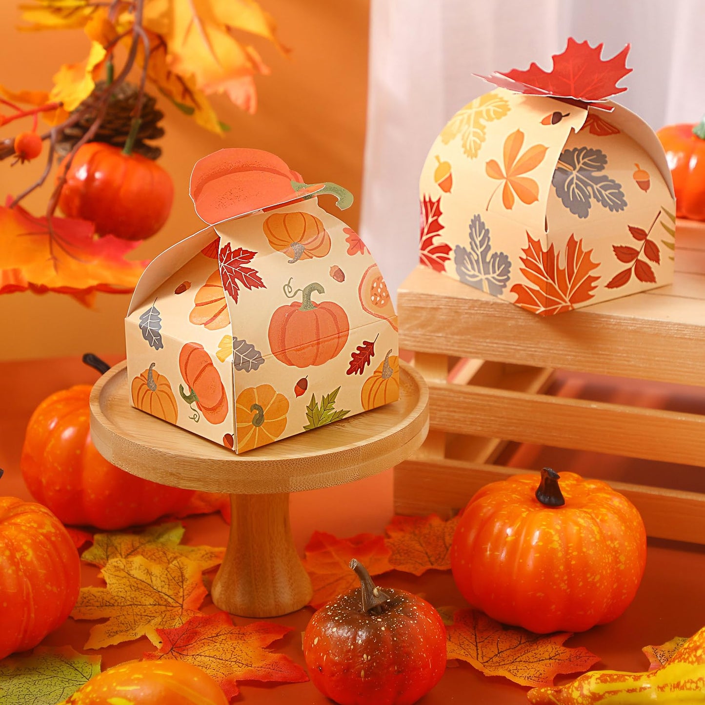 Pasimy 36 Pack Fall Party Favor Boxes Pumpkin Maple Leaf Paper Candy Treat Boxes for Thanksgiving Autumn Harvest Halloween Birthday Party Favor Gifts Decorations