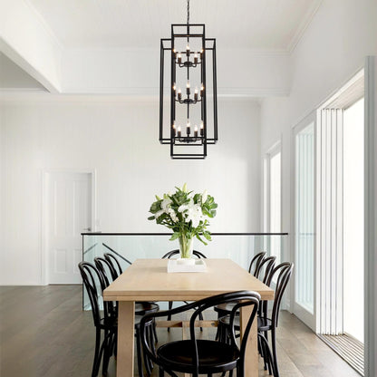 Xuridongsheng 15-Light Lantern Chandelier for Foyer Large Black High Ceiling Chandelier with 3-Tier Candle Design, Modern Farmhouse Entryway Lighting Fixture for Staircase, Two Story Living Room, E12